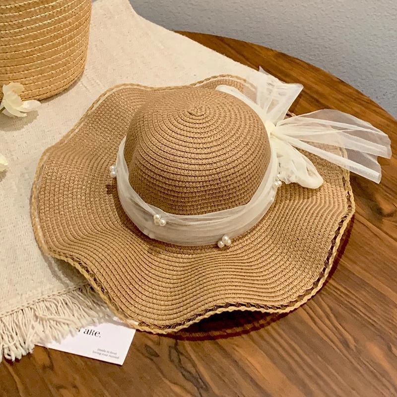 Lace Pearl Bow Wave Hat Women's Summer Wide Brim Sun