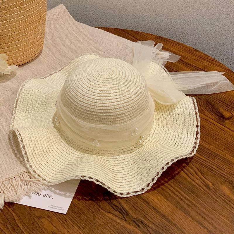 Lace Pearl Bow Wave Hat Women's Summer Wide Brim Sun