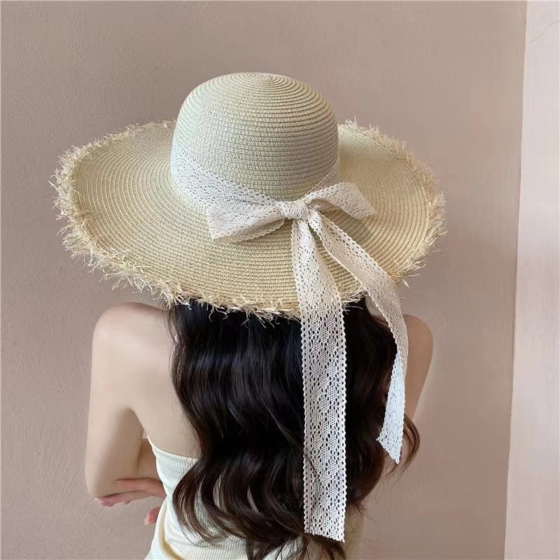 Lace Straw Hat Women Spring Summer Breathable Beach UV Foldable