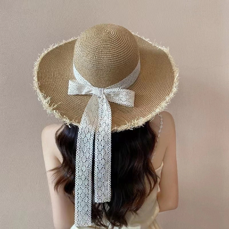 Lace Straw Hat Women Spring Summer Breathable Beach UV Foldable