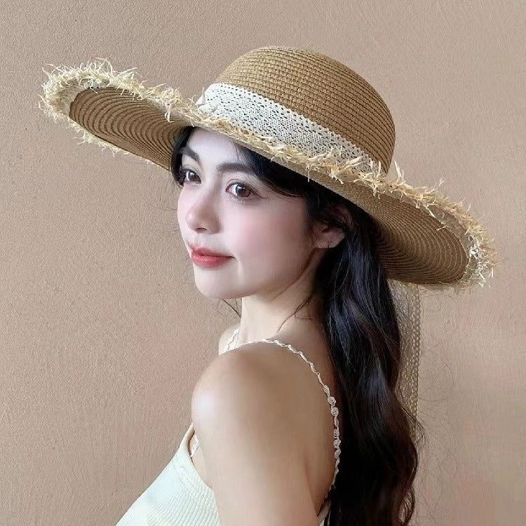 Lace Straw Hat Women Spring Summer Breathable Beach UV Foldable