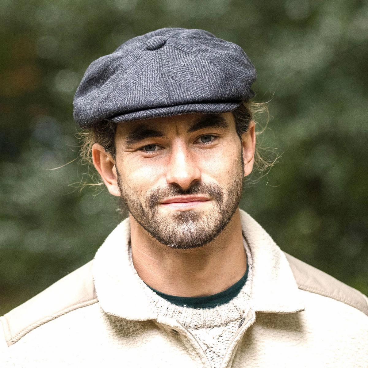 Large Herringbone Wool Blend Newsboy Cap