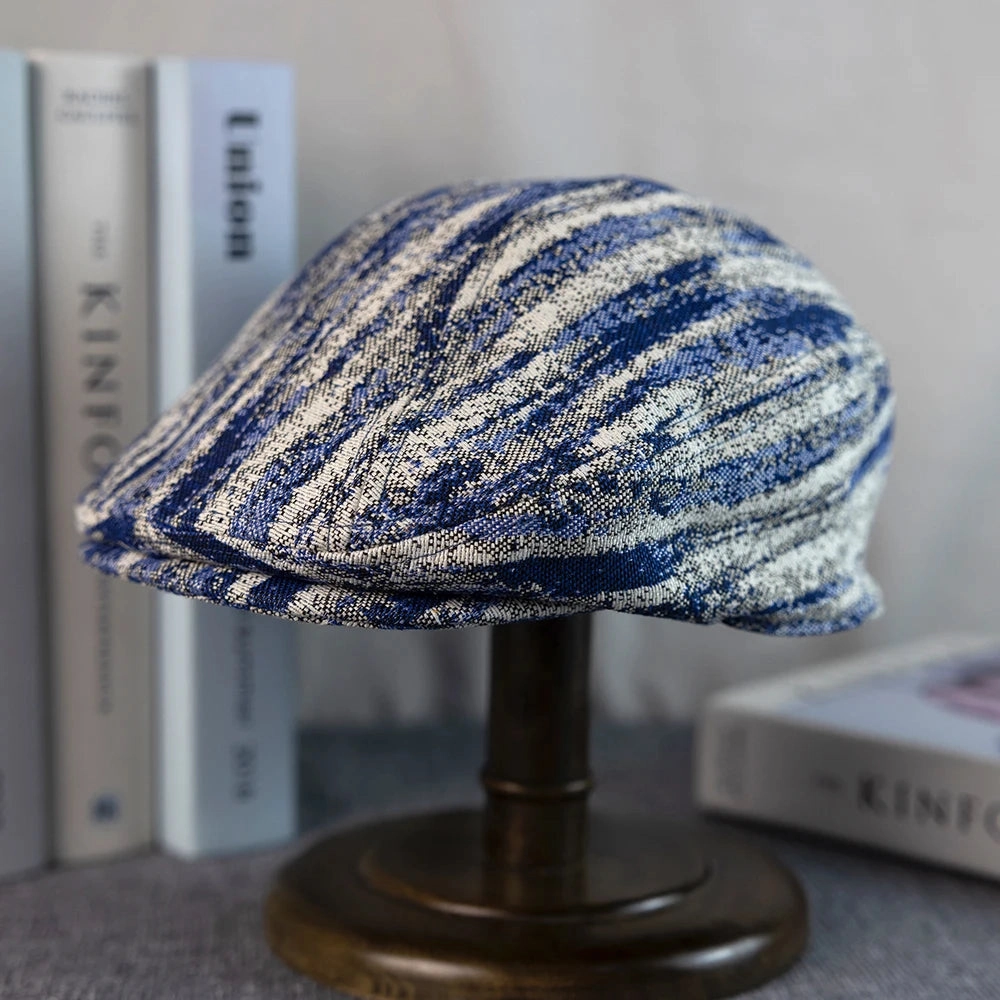 Monaitte Blue & White Striped Linen Flat Cap