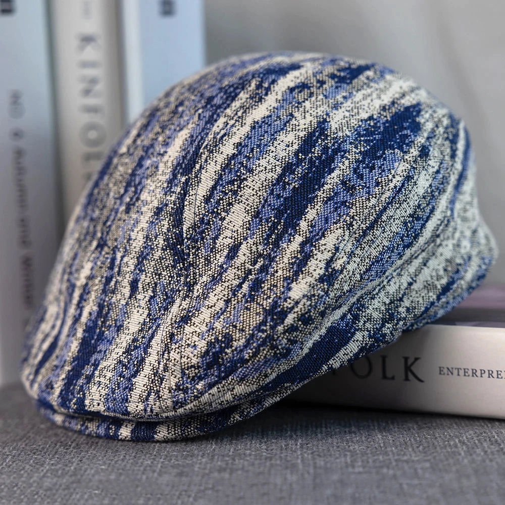 Monaitte Blue & White Striped Linen Flat Cap