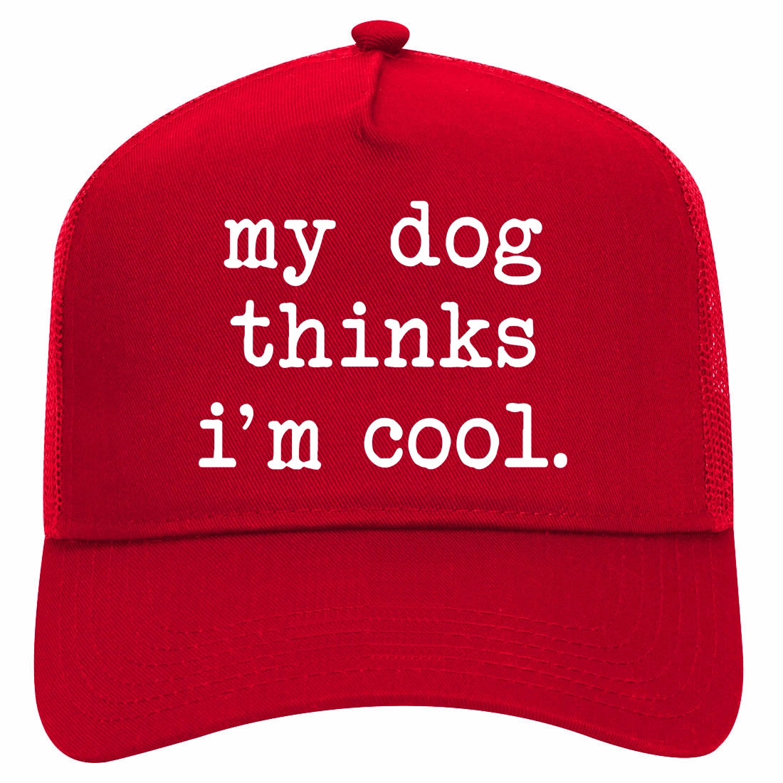 My Dog Thinks Im Cool Funny Pet Retro Adult 5 Panel Mesh Trucker Hat
