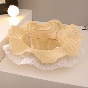 New Family Kids Straw Wide Brim Sun Beach Little Princess Lace
