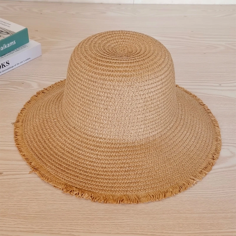 New Foldable Women Wide Brim Sun Hat Fringed Straw Beach