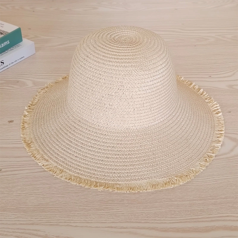 New Foldable Women Wide Brim Sun Hat Fringed Straw Beach