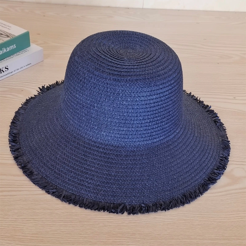New Foldable Women Wide Brim Sun Hat Fringed Straw Beach