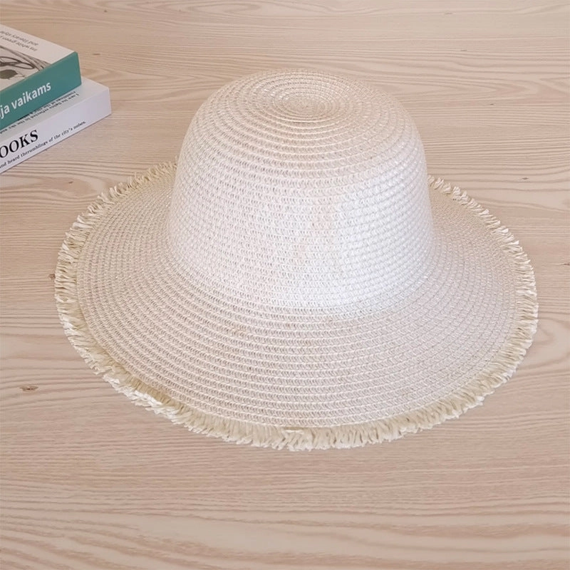 New Foldable Women Wide Brim Sun Hat Fringed Straw Beach