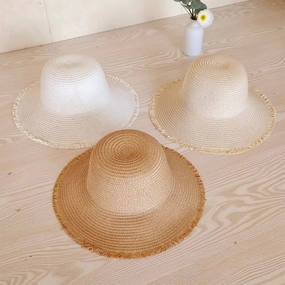 New Foldable Women Wide Brim Sun Hat Fringed Straw Beach