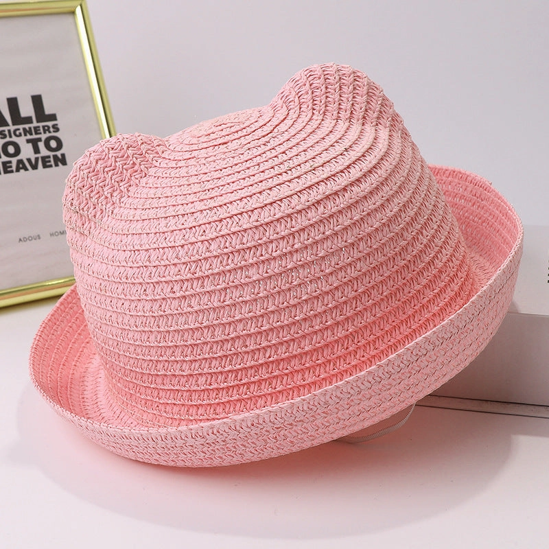 New Summer Hat Cute Cat Ears Solid Straw Kids Cartoon Outdoor Sun