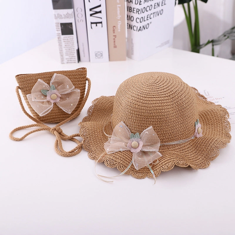 New Summer Kids Wave Brim Bow Beach Sun Hat and Bag Set