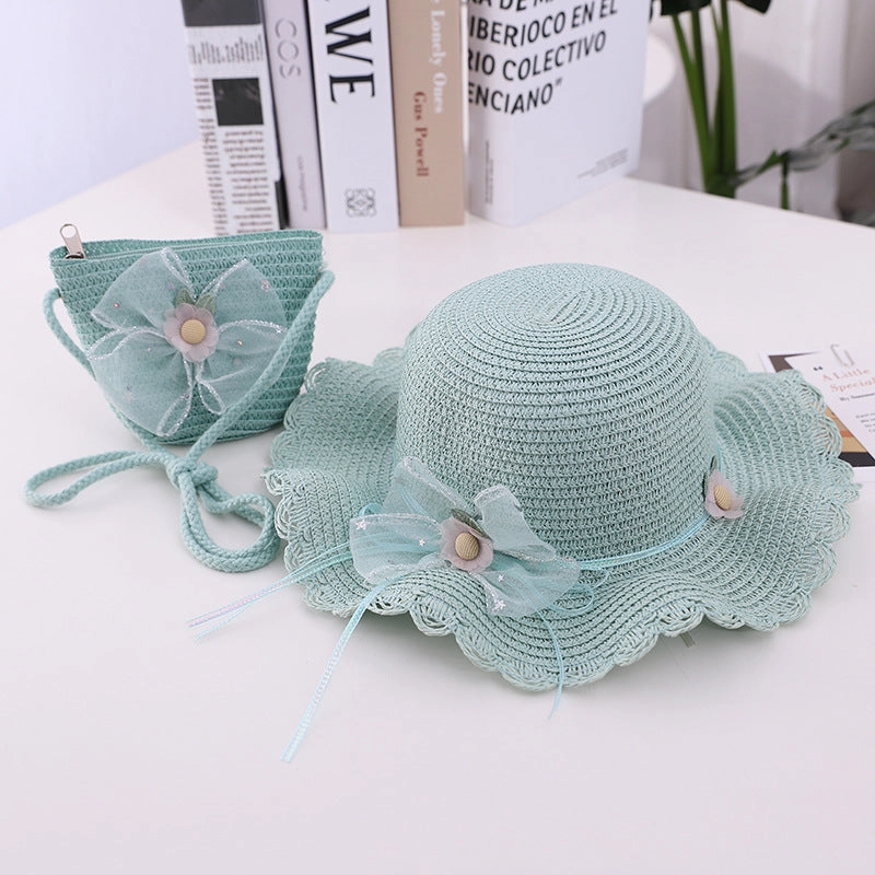 New Summer Kids Wave Brim Bow Beach Sun Hat and Bag Set