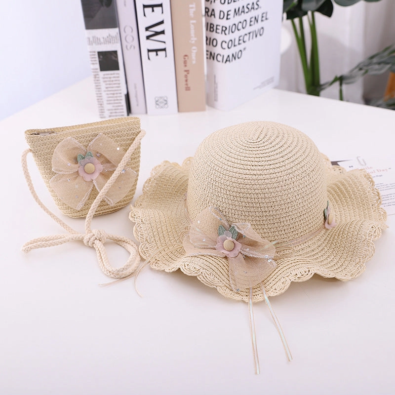 New Summer Kids Wave Brim Bow Beach Sun Hat and Bag Set