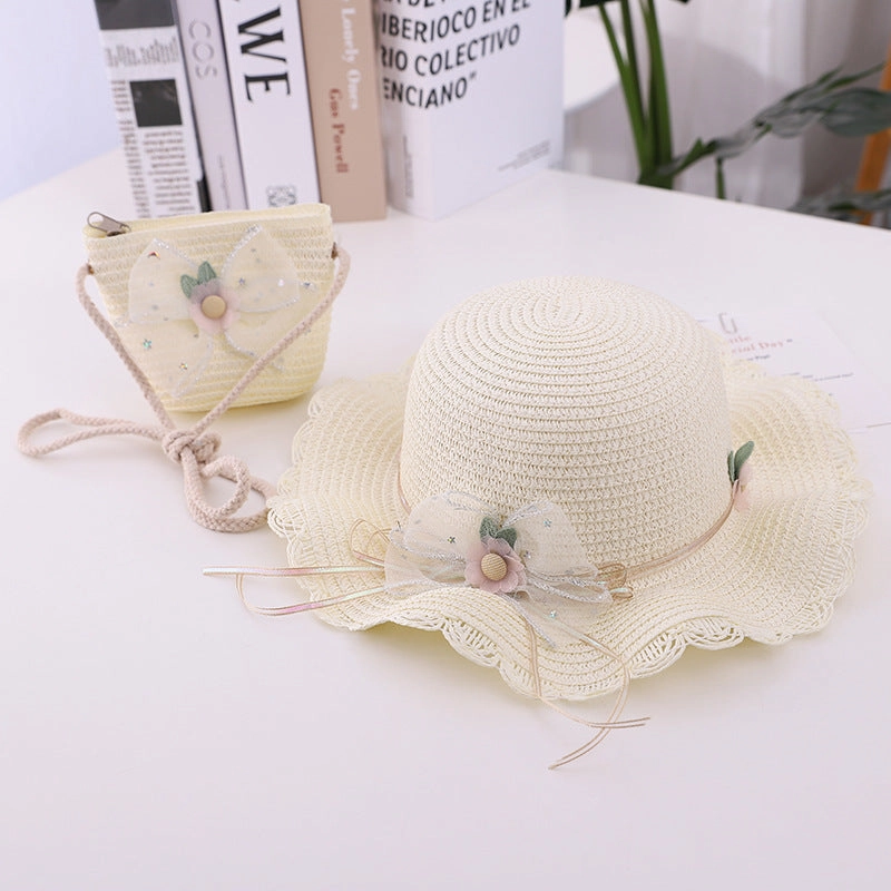 New Summer Kids Wave Brim Bow Beach Sun Hat and Bag Set
