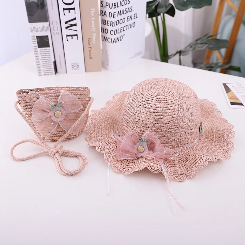New Summer Kids Wave Brim Bow Beach Sun Hat and Bag Set