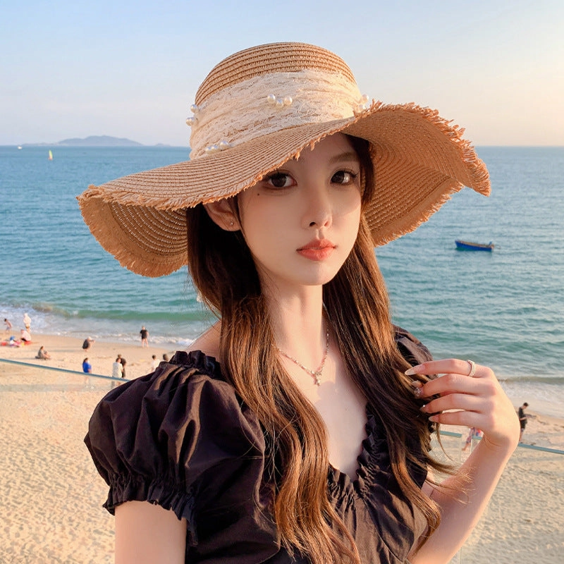 New Womens Fashion Letter Wide-Brim Breathable Straw Hat Sun Protection