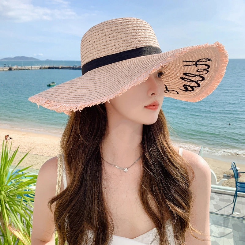 New Womens Fashion Letter Wide-Brim Breathable Straw Hat Sun Protection