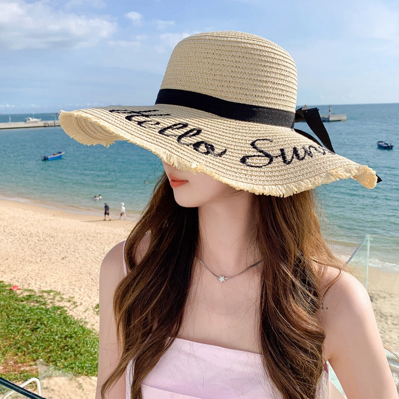 New Womens Fashion Letter Wide-Brim Breathable Straw Hat Sun Protection