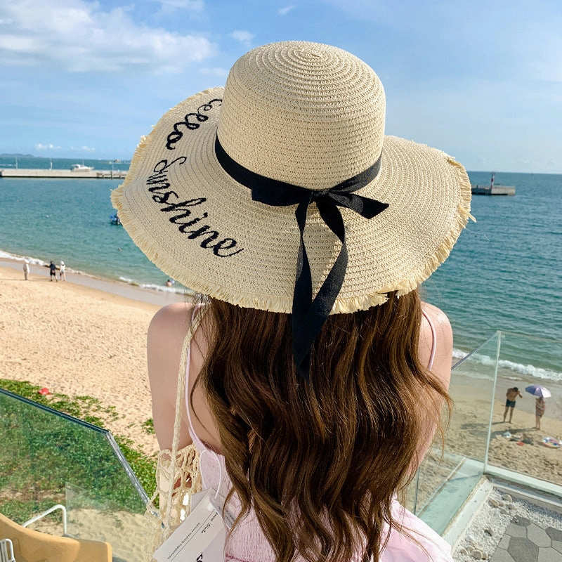 New Womens Fashion Letter Wide-Brim Breathable Straw Hat Sun Protection