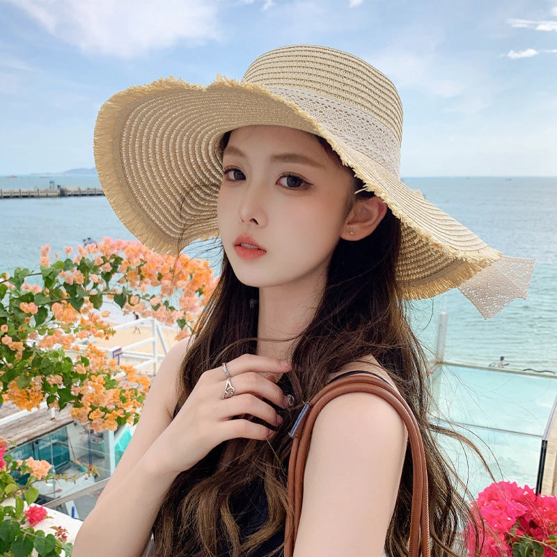 New Womens Fashion Letter Wide-Brim Breathable Straw Hat Sun Protection