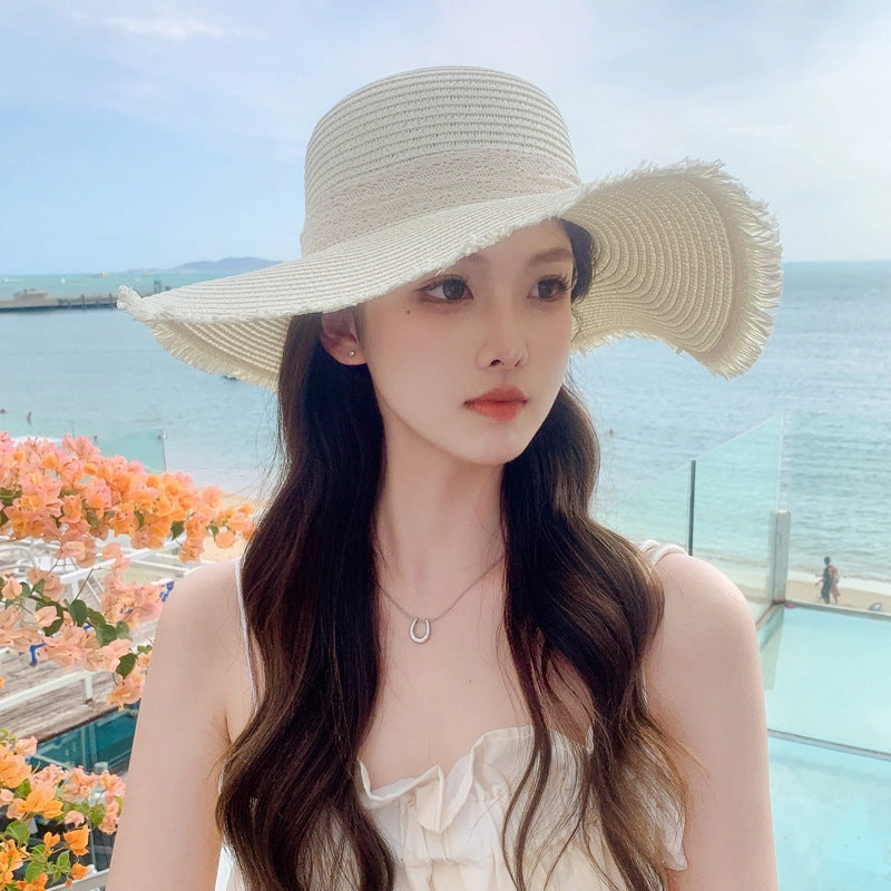 New Womens Fashion Letter Wide-Brim Breathable Straw Hat Sun Protection