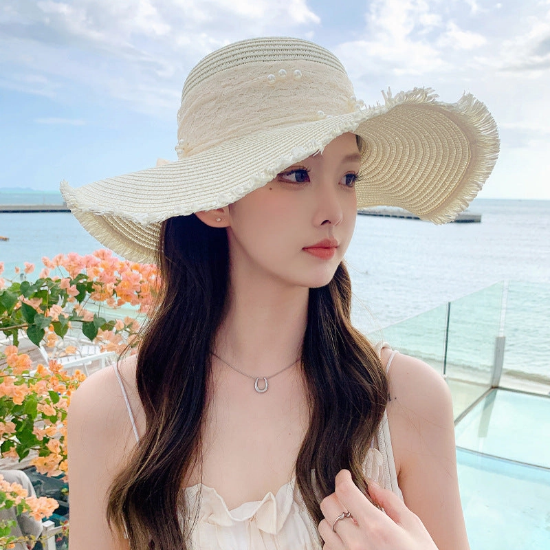 New Womens Fashion Letter Wide-Brim Breathable Straw Hat Sun Protection