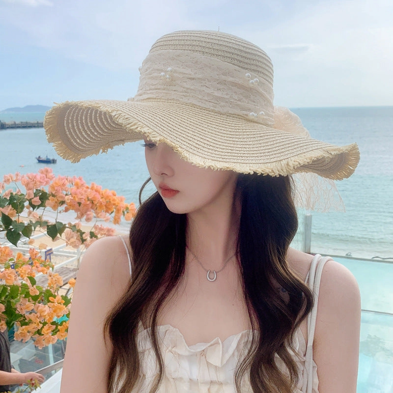 New Womens Fashion Letter Wide-Brim Breathable Straw Hat Sun Protection