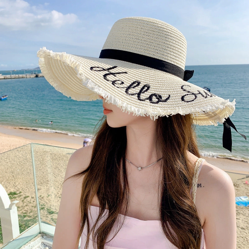 New Womens Fashion Letter Wide-Brim Breathable Straw Hat Sun Protection
