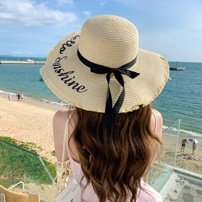 New Womens Fashion Letter Wide-Brim Breathable Straw Hat Sun Protection