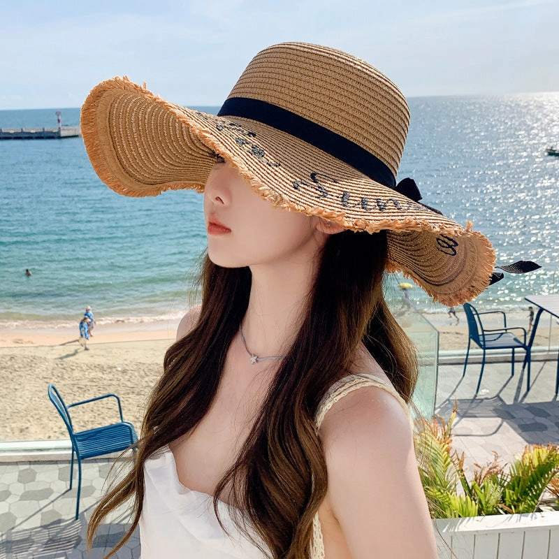 New Womens Fashion Letter Wide-Brim Breathable Straw Hat Sun Protection