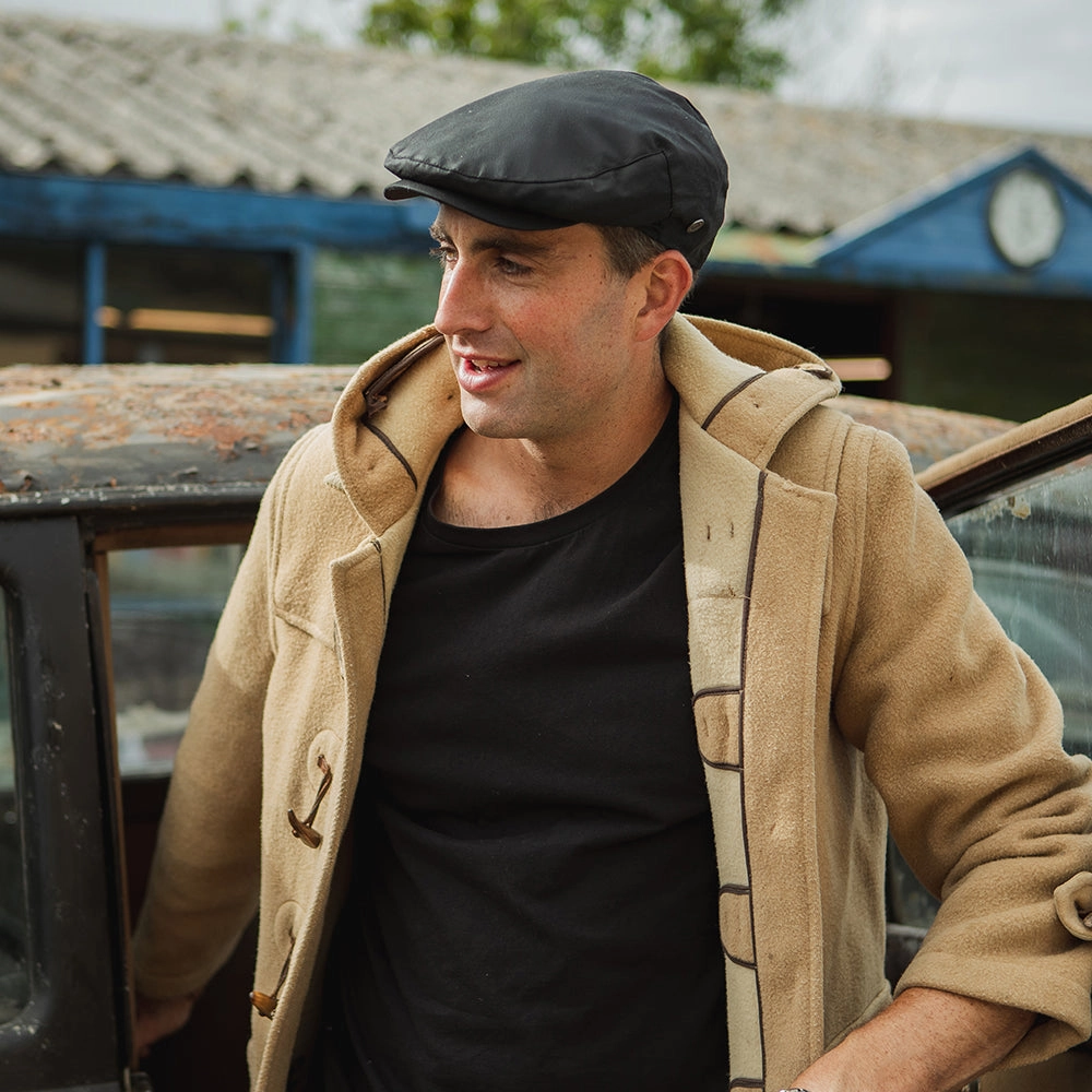 Oilcloth Water Resistant Flat Cap - Black