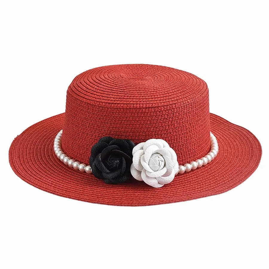 Pearls & Roses Summer Raffia Boater Hat