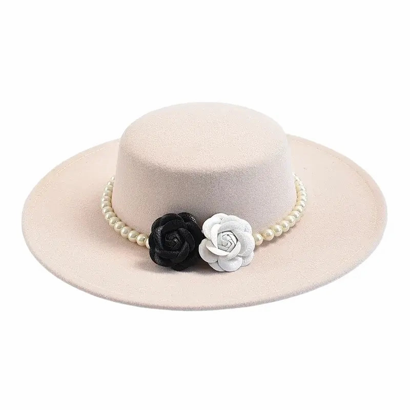 Pearls & Roses Wide Brim Cotton Boater Hat