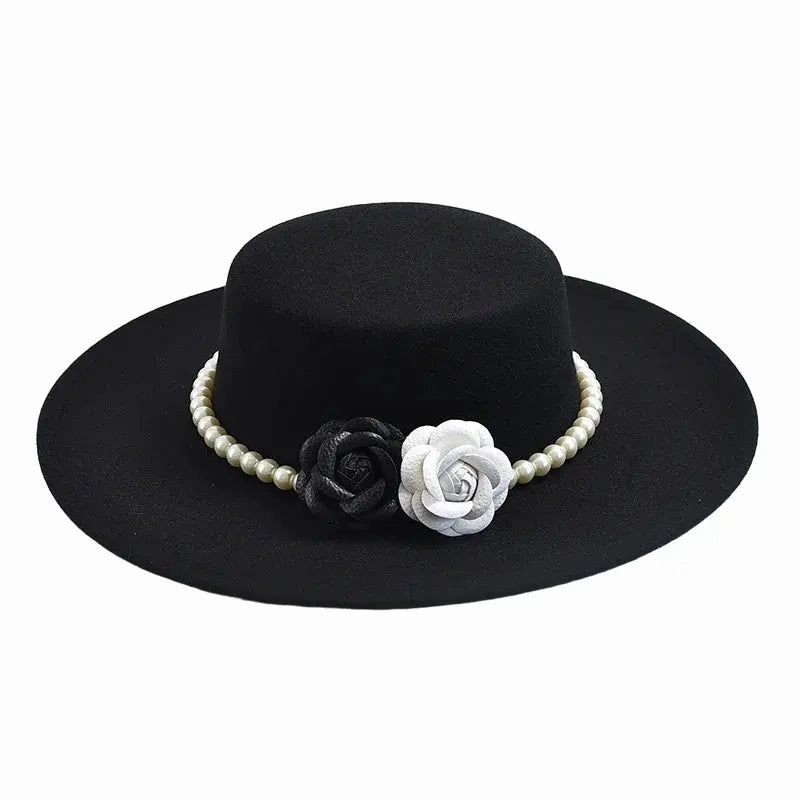 Pearls & Roses Wide Brim Cotton Boater Hat