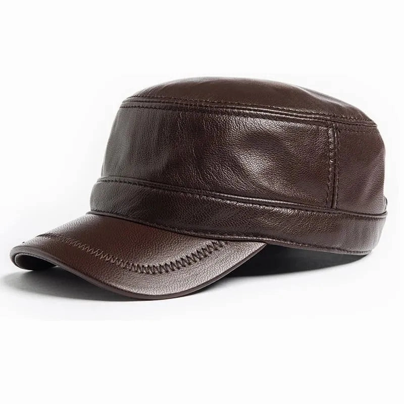 Plain Genuine Cowhide Leather Army Cap