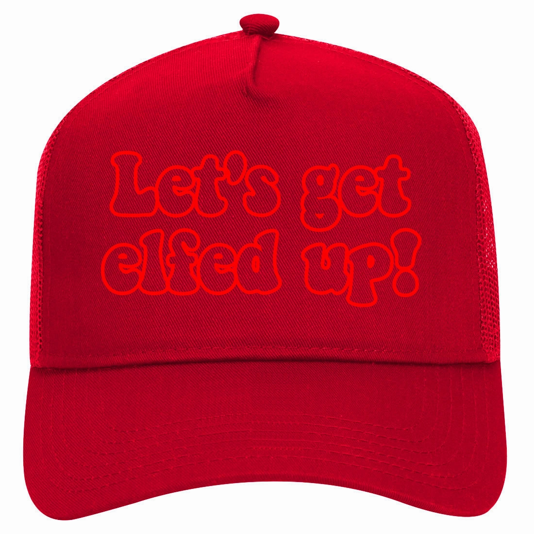 Red Lets Get Elfed Up Funny Christmas Retro Adult 5 Panel Mesh Trucker Hat