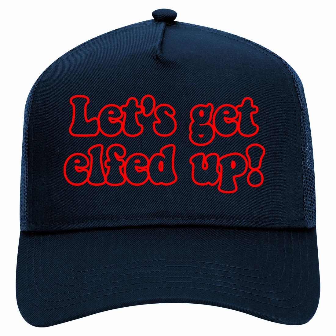 Red Lets Get Elfed Up Funny Christmas Retro Adult 5 Panel Mesh Trucker Hat