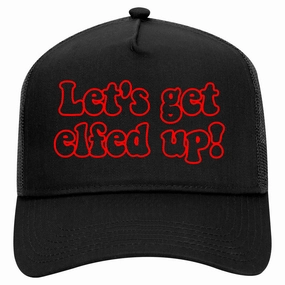 Red Lets Get Elfed Up Funny Christmas Retro Adult 5 Panel Mesh Trucker Hat