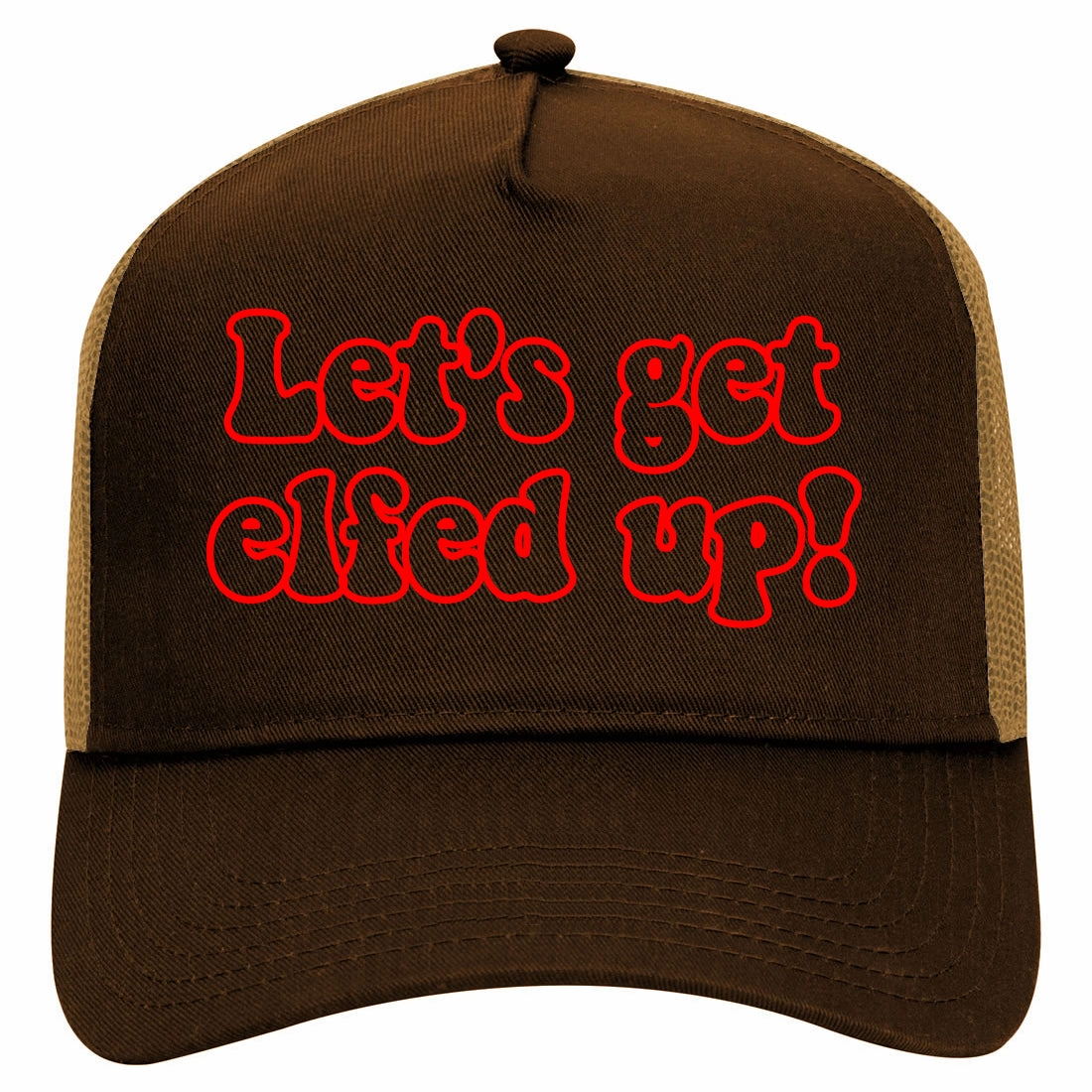 Red Lets Get Elfed Up Funny Christmas Retro Adult 5 Panel Mesh Trucker Hat