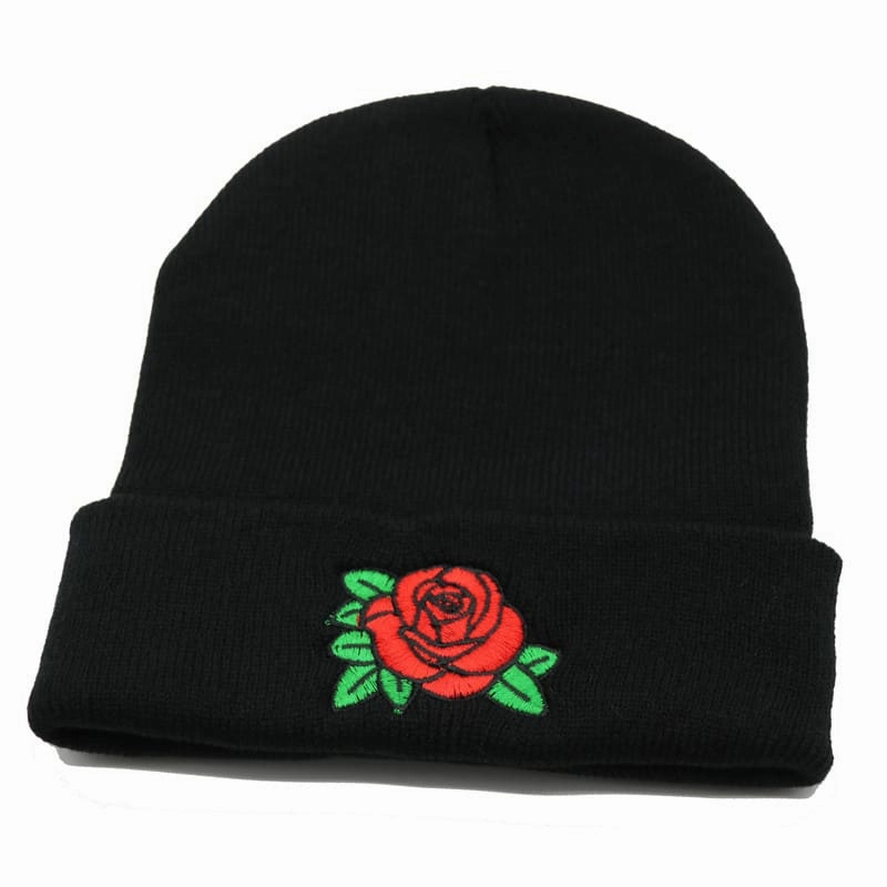 Red Rose Black Cotton Beanie