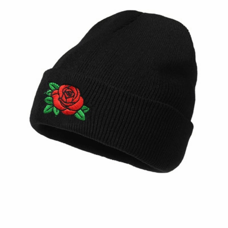 Red Rose Black Cotton Beanie