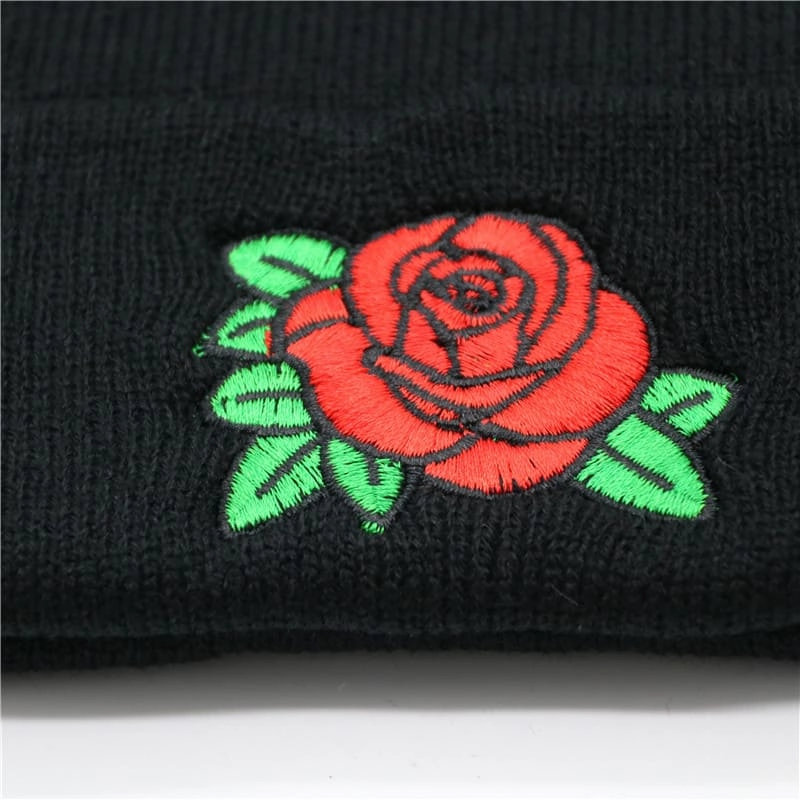Red Rose Black Cotton Beanie