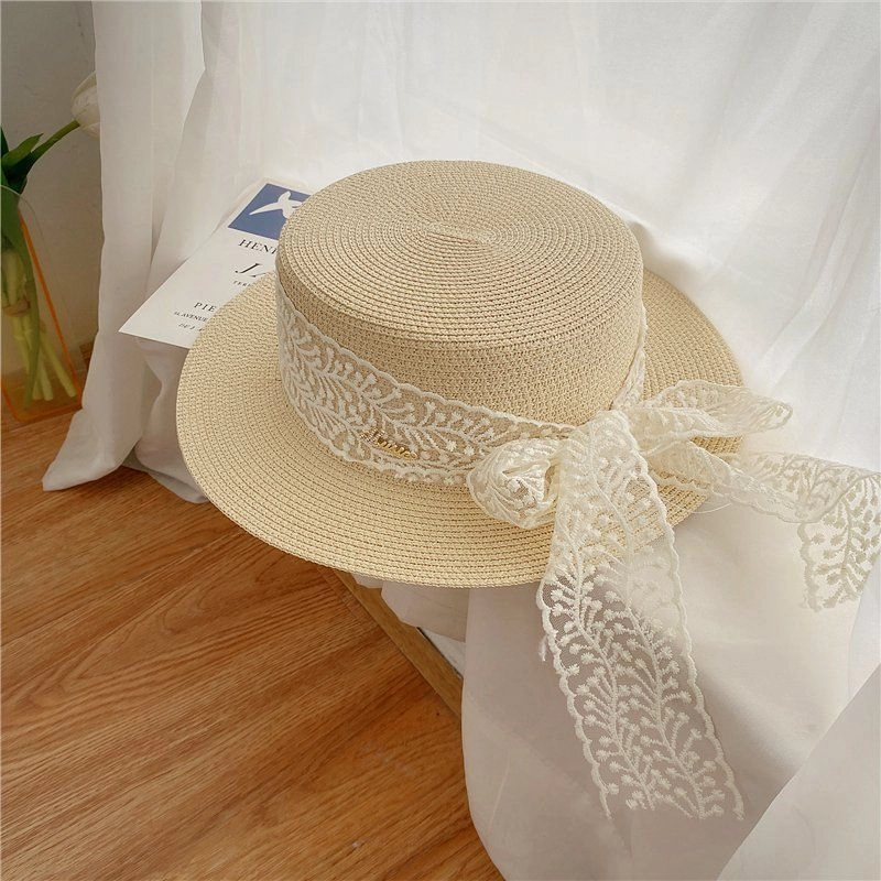 Rural Style Flat Top Lace Straw Hat