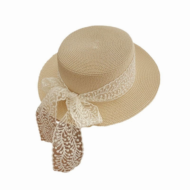 Rural Style Flat Top Lace Straw Hat