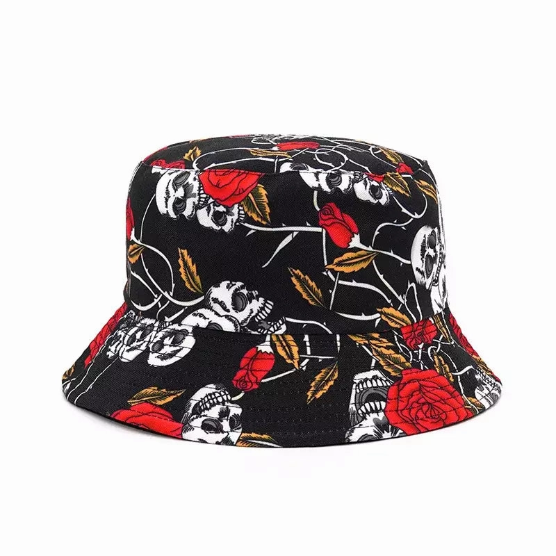 Skulls & Roses Reversible Black Bucket Hat