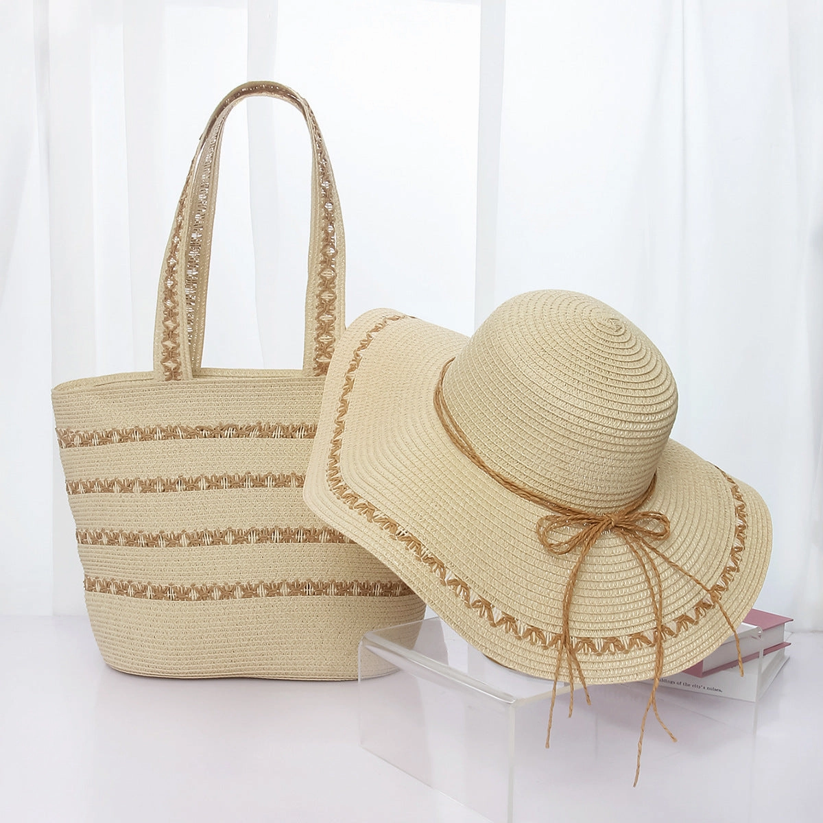 Straw Hat and Tote Set Summer Beach Sun Protection Hat Simple Sun Hat