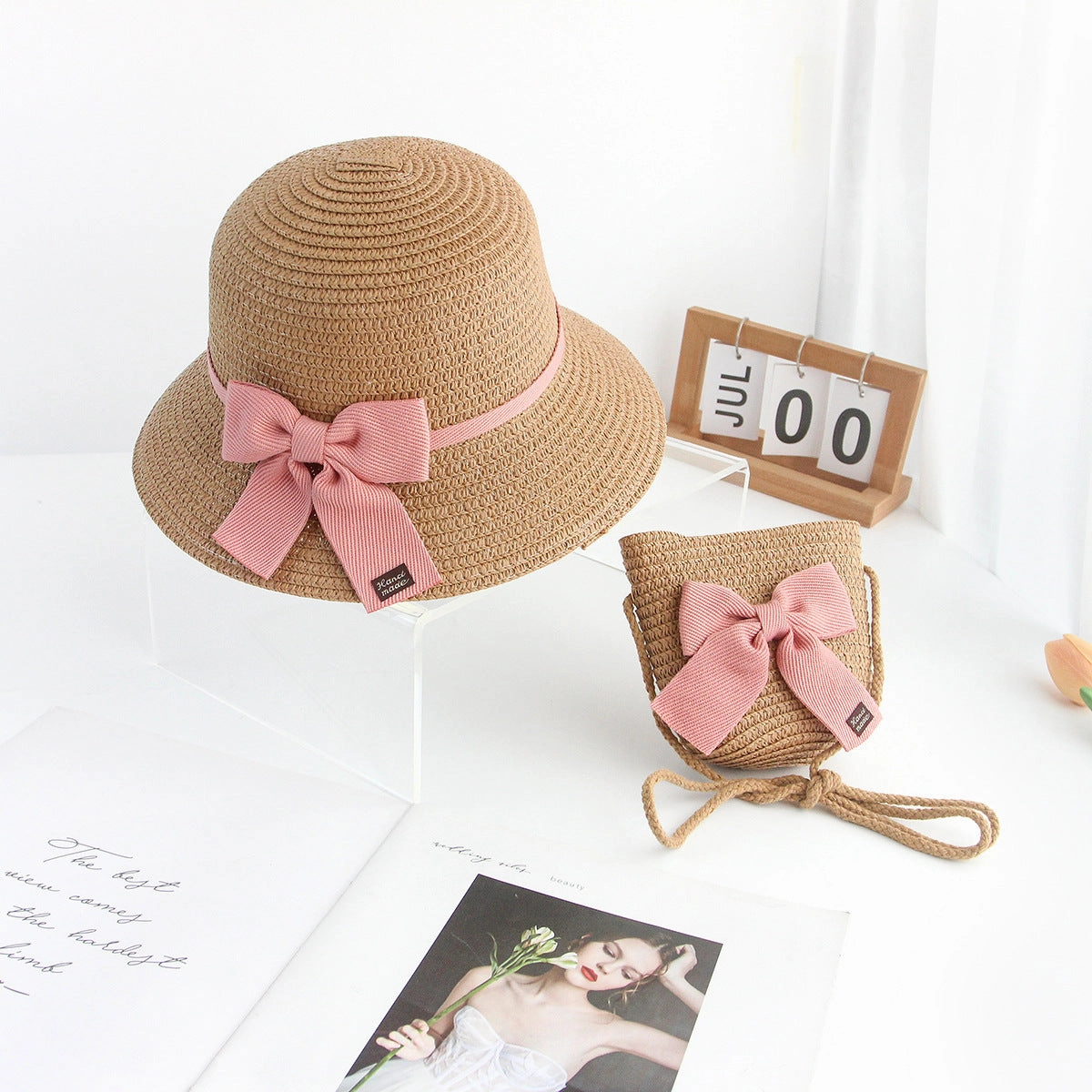 Straw Sun Hat for Kids Lace Bow 2-Piece Set