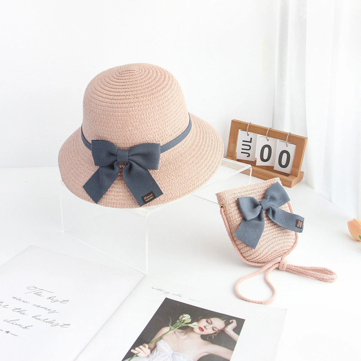 Straw Sun Hat for Kids Lace Bow 2-Piece Set